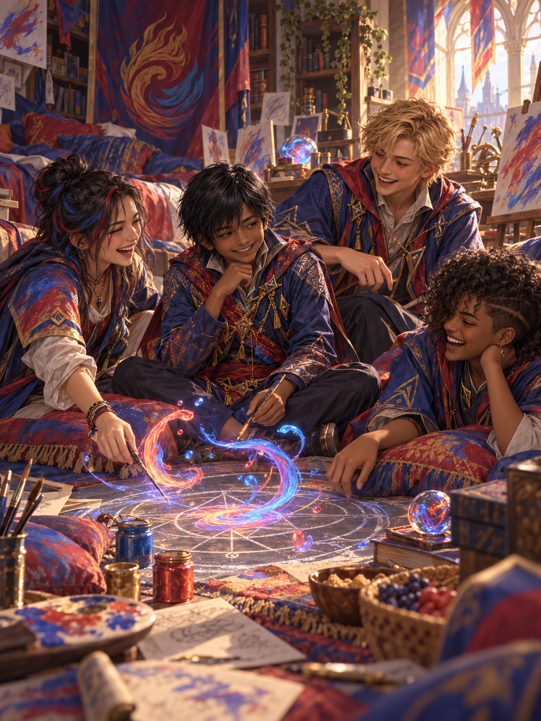Noah com amigos Prismari reunidos em um dormitório.