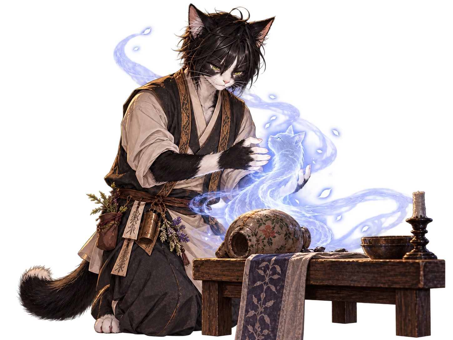 Seika conduzindo seu primeiro exorcismo sozinho junto a uma mesa e um pequeno espírito felino azul.