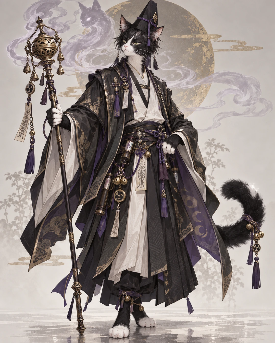 Retrato de corpo inteiro de Seika adulto, com manto preto, branco, dourado e violeta, talismãs e bastão ritual.