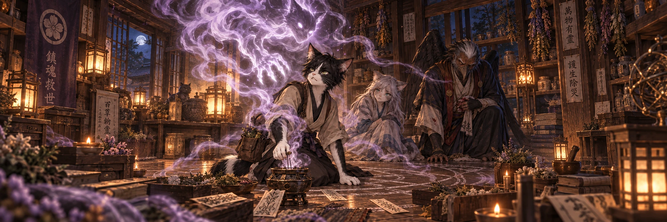 Ritual de Ami em panorama: Seika, Ami, Ren e uma grande presença espiritual violeta.