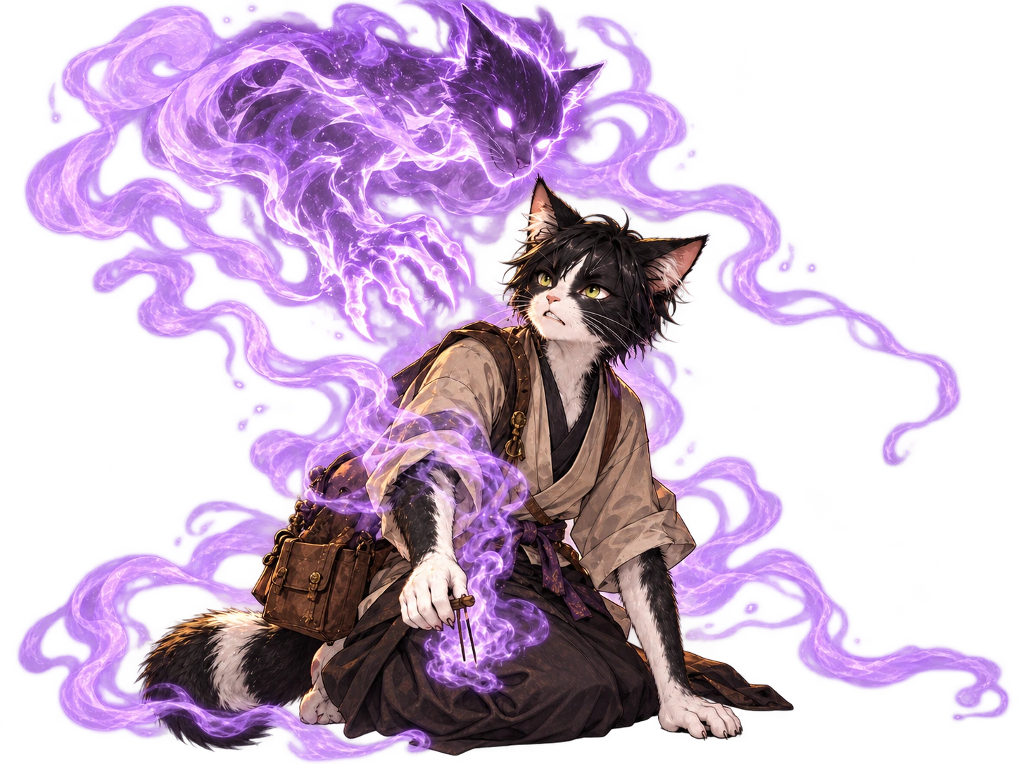 Seika adolescente diante de uma manifestação espiritual felina violeta durante o ritual de Ami.